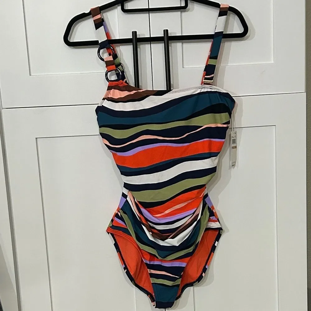 Anne Cole Ring Strap Multicolor Striped One Piece Swimsuit - Sz 12 NWT